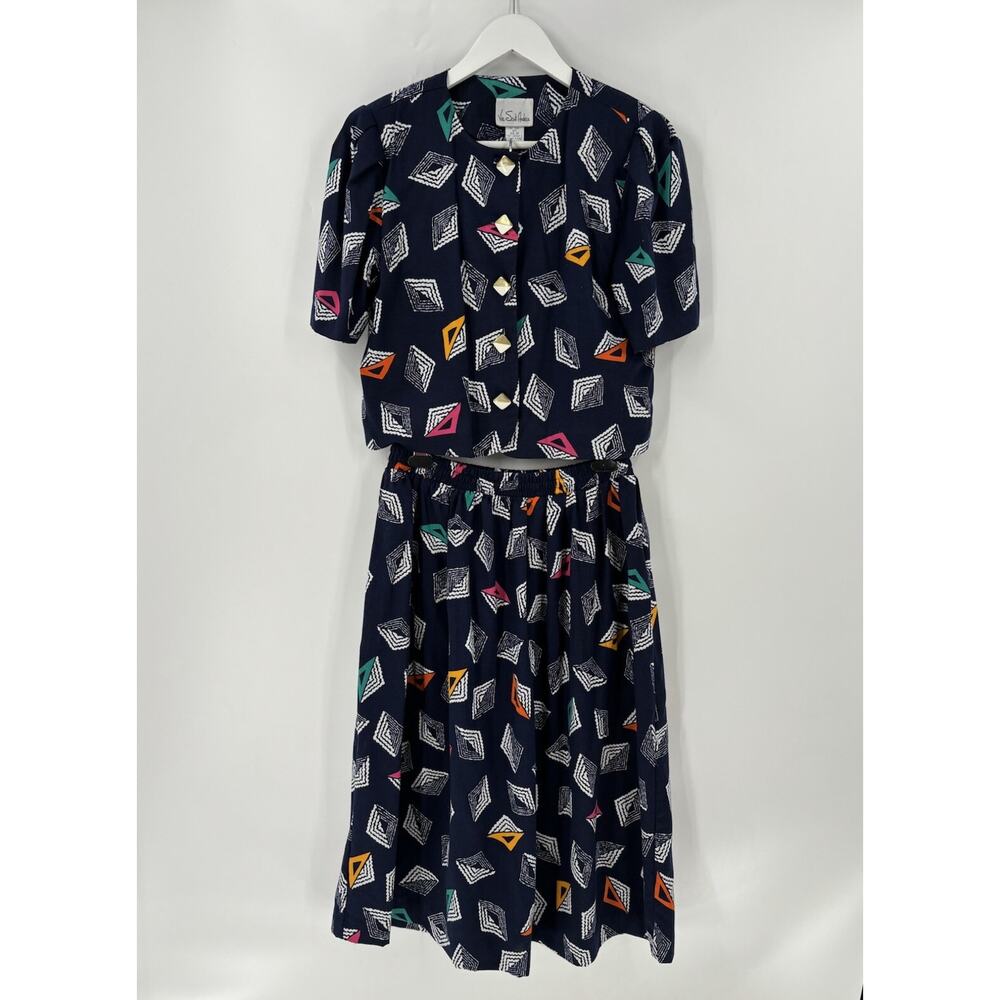 Via Sant Andrea Vintage Skirt Set Womens 12 Petite Blue Cropped Button Front Top